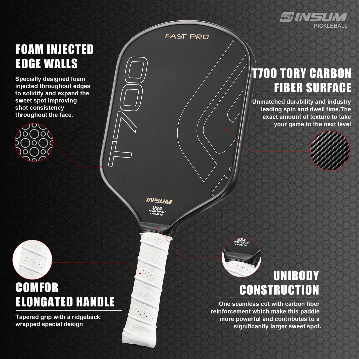 INSUM T700 Pickleball Paddle USAPA Approved Raw Carbon Fiber Foam 3 Days Delivery